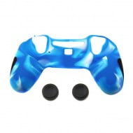 Silicone Case Skin Camouflage Blue & Thumbstick Black Grips Caps - PS4 Controller