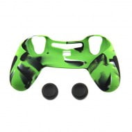 Silicone Case Skin Camouflage Light Green & Thumbstick Black Grips Caps - PS4 Controller